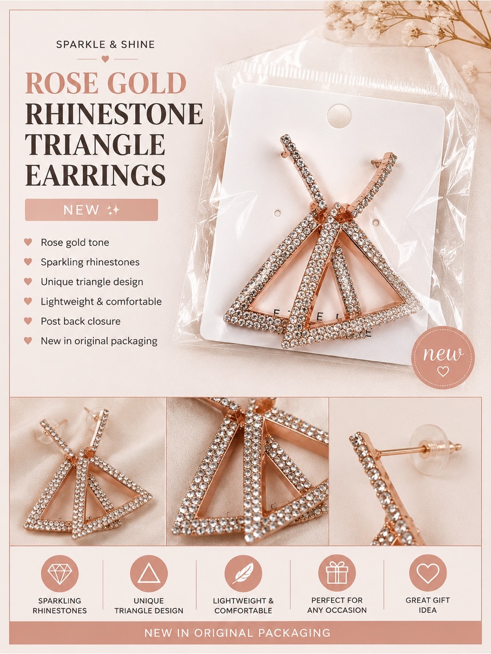 Rose Gold Rhinestone Triangle Earrings - Sparkling Geometric Drop